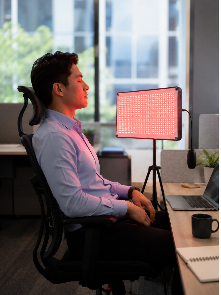 Professional man relaxing with an Anari red light therapy panel at his office desk