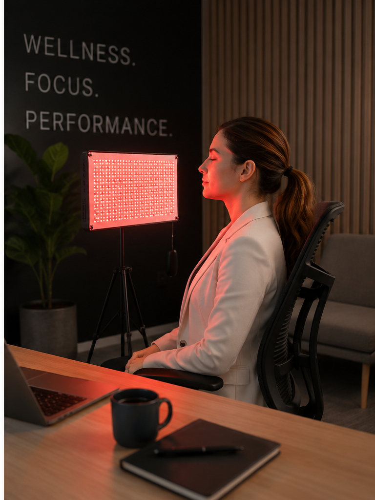 Businesswoman using an Anari red light therapy panel by a Wellness Focus Performance wall