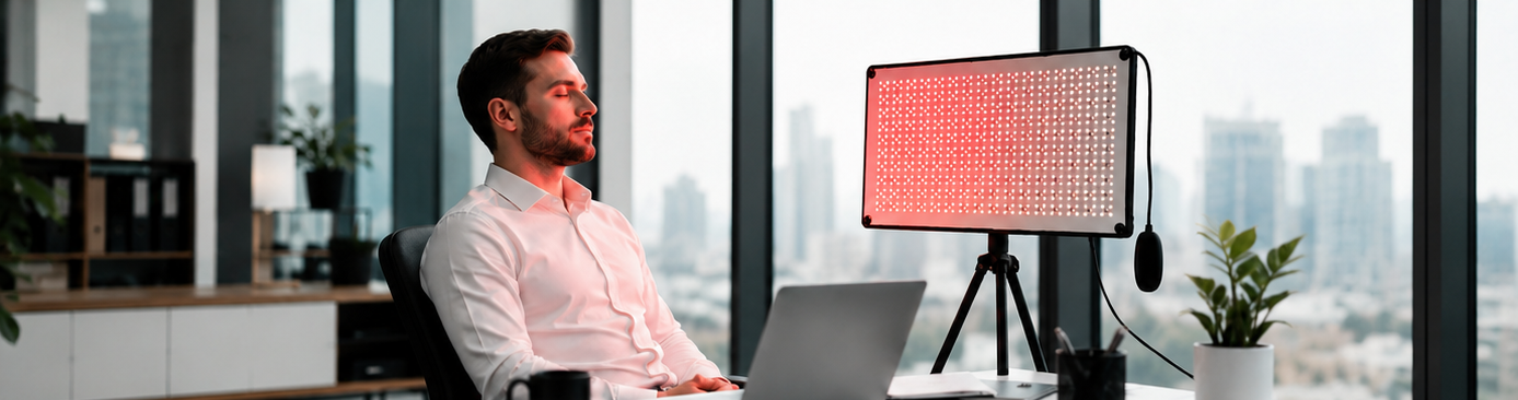 Man seated in an office chair receiving red light therapy with a city view behind him