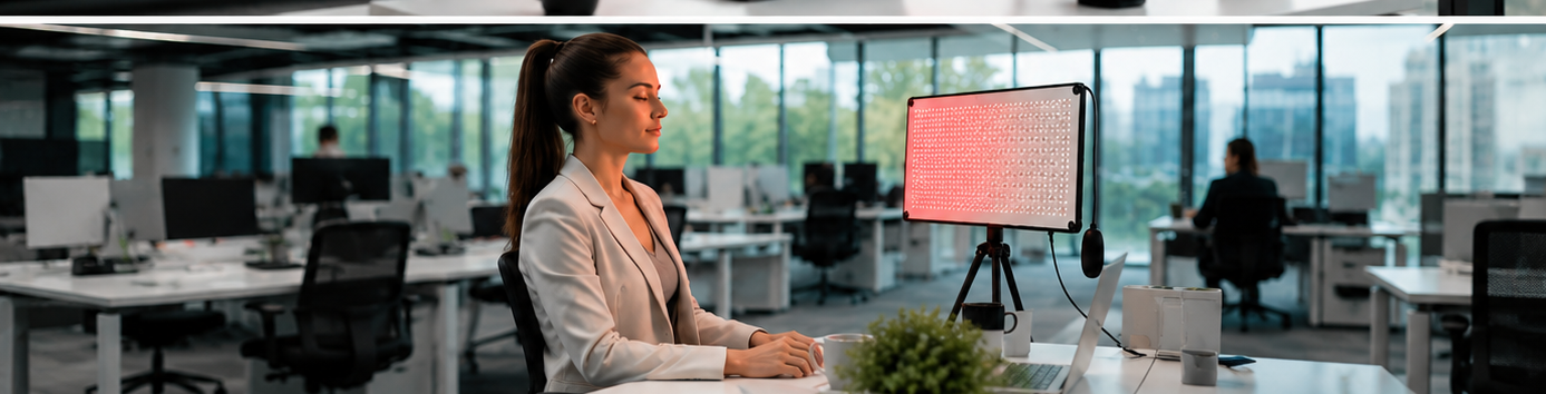 Professional woman using an Anari red light therapy panel in a modern open-plan office
