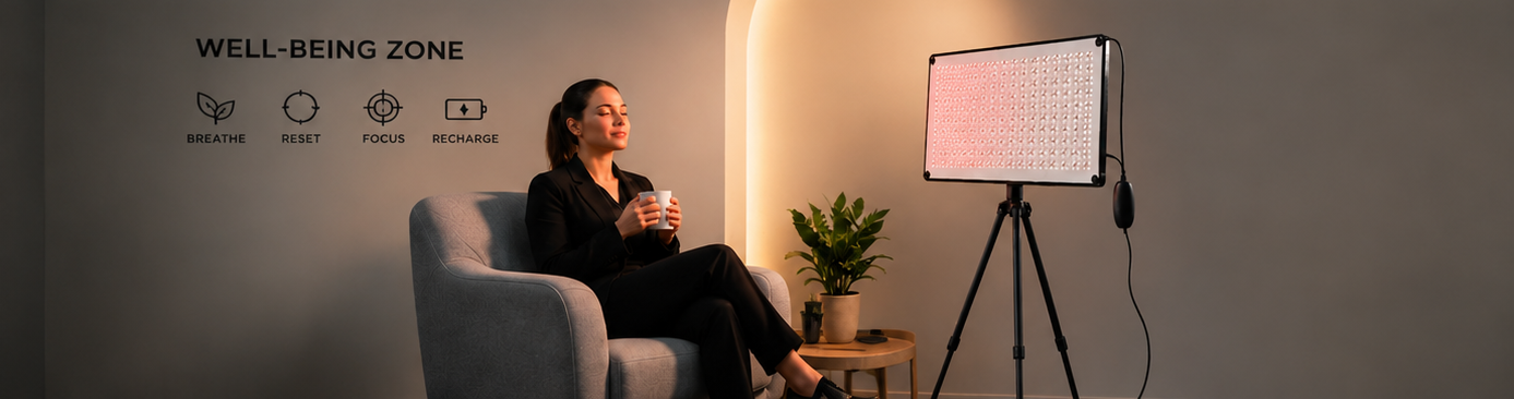 Woman relaxing in a dedicated Well-Being Zone with an Anari red light therapy panel